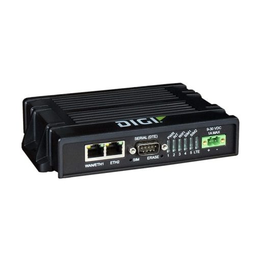 Digi IX20 - LTE, CAT-4, 3G/2G fallback, Dual Ethernet, RS-232, Wi-Fi, with Accessories: DIN rail clip, power supply, (2) cellular antenna, Wi-Fi antenna, and Ethernet cable